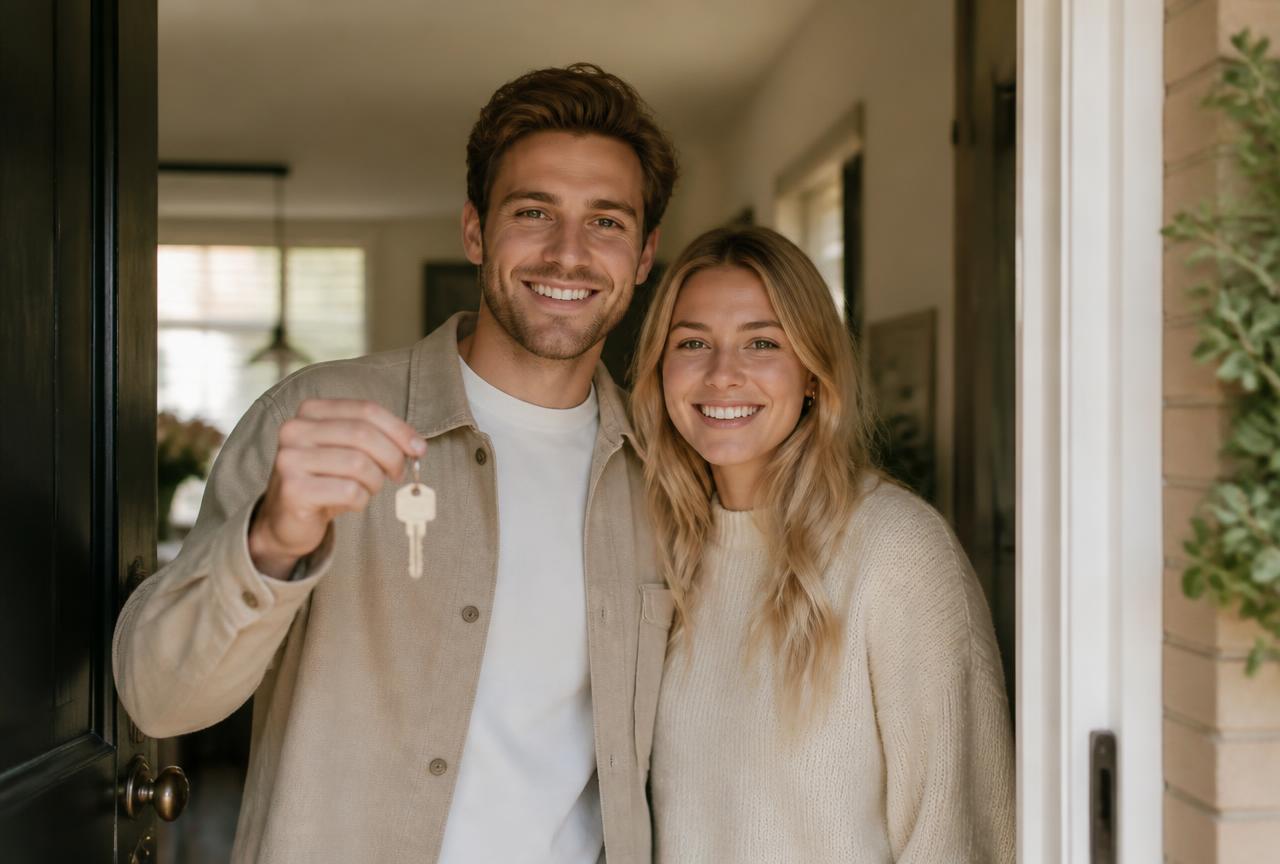 Couple receiving the key to their first home