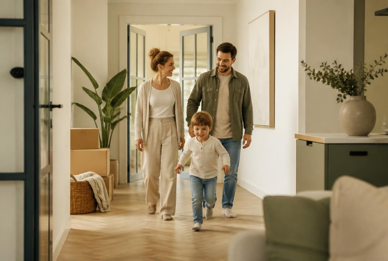 Family walking through their new home with moving boxes in the background